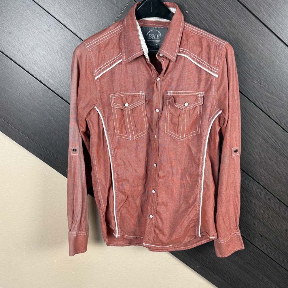 BKE Standard Fit Men's Snap Button Western Shirt Small Red White Stitching
